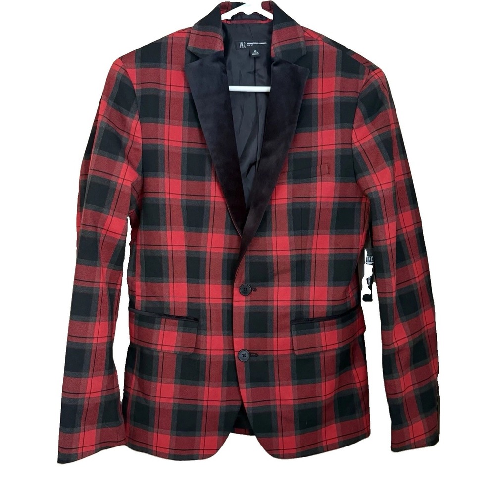 INC Men Red Plaid Slim Fit Blazer Jacket XS Black Velvet NWT Equestrian Academia